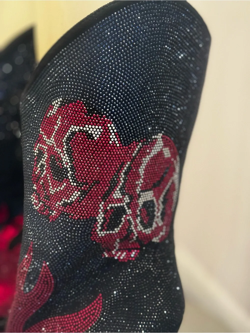 Black and Red Crystal Skull Flame Stiletto Boots . New without original box.